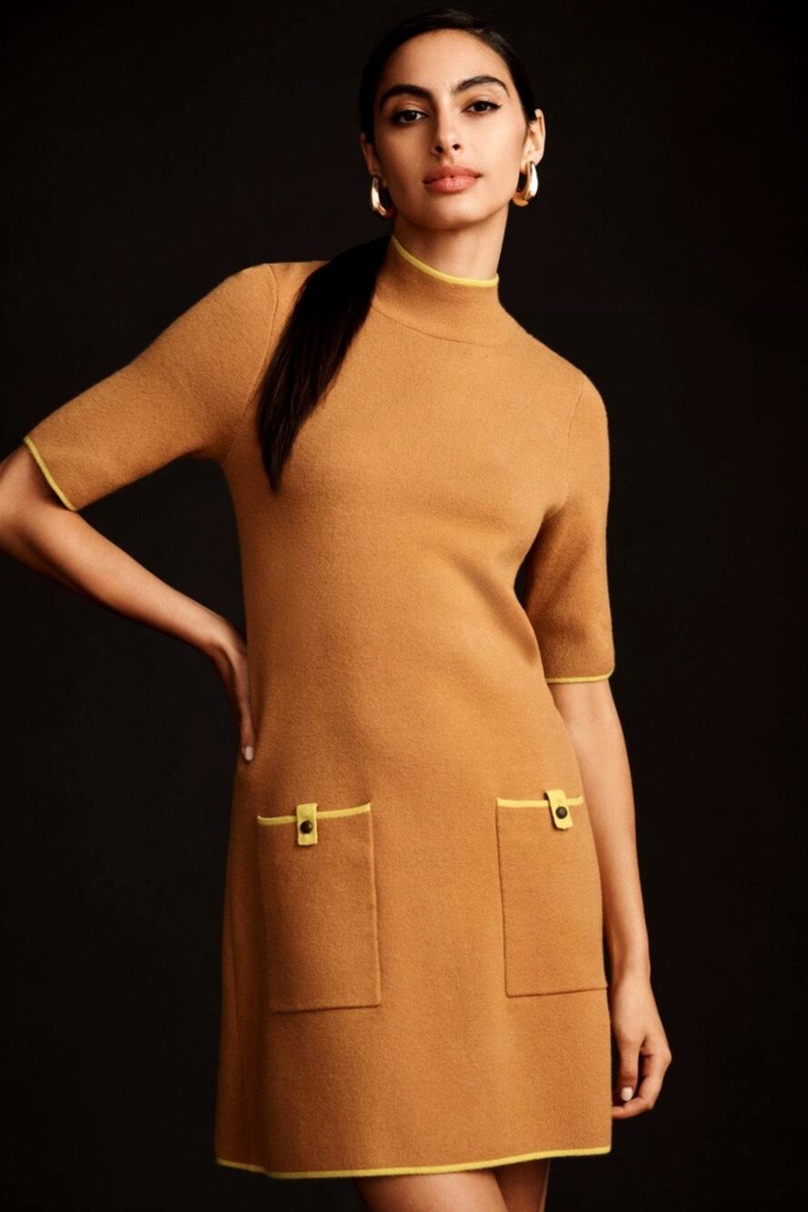 Anthropologie Maeve Annelise Mock Neck Mini Sweater Dress Cedar Sz S